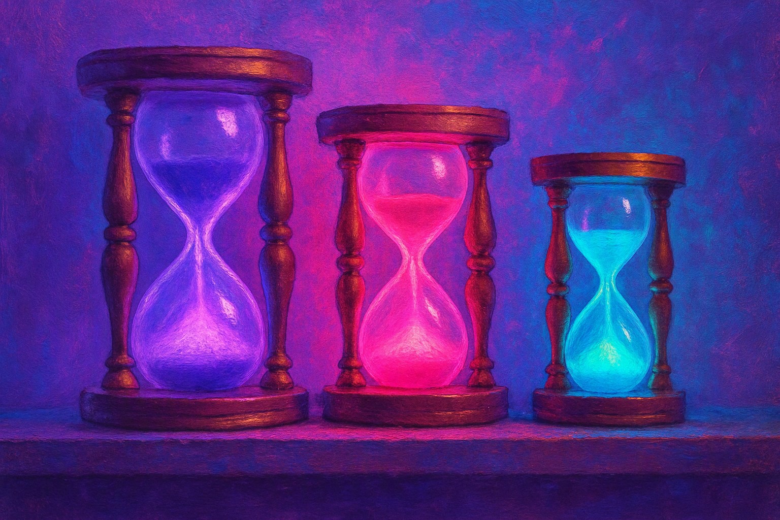 Three wooden hourglasses of different sizes standing in a row on a studio shelf, each filled with a different color of sand
