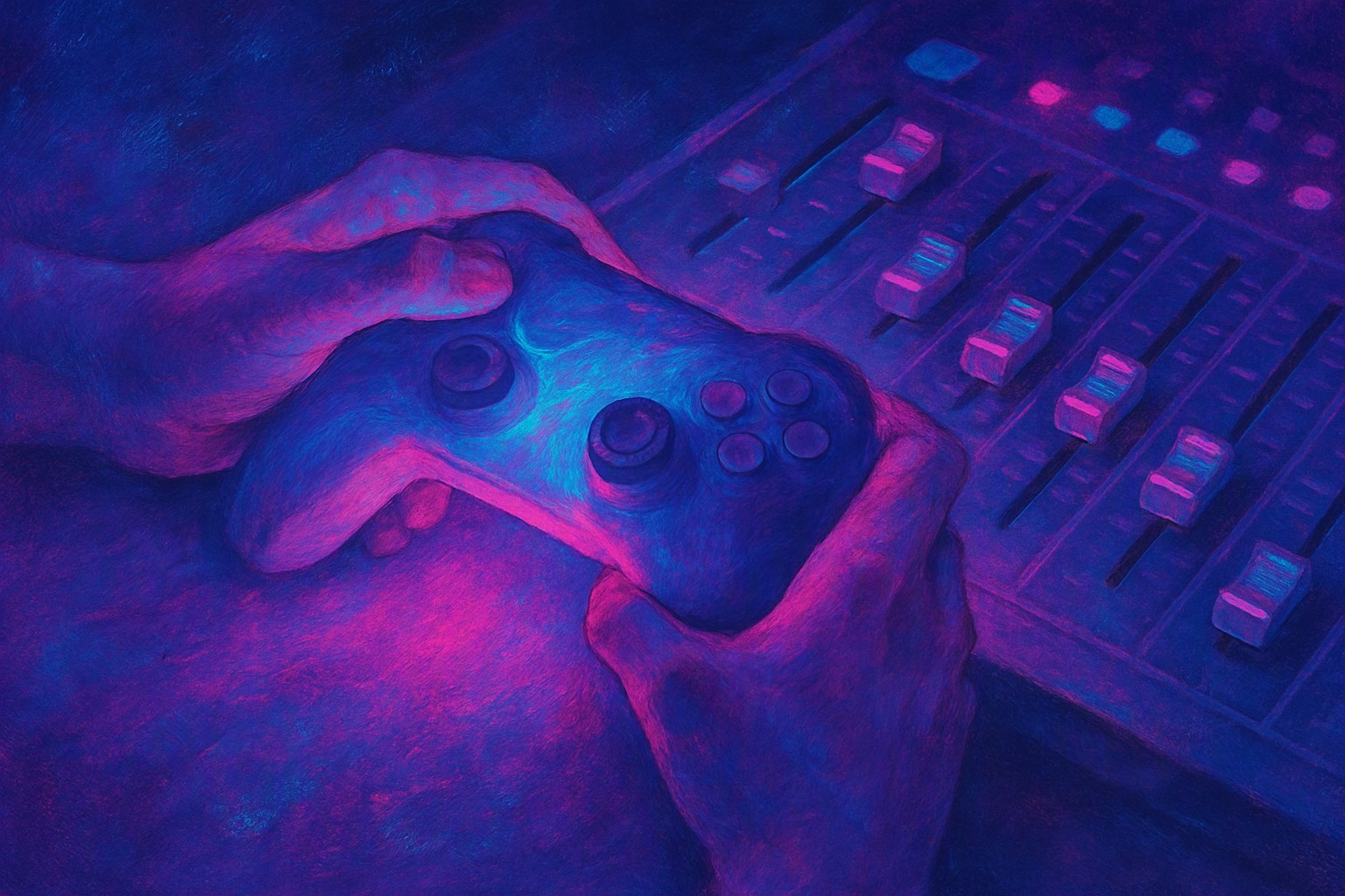A pair of hands resting on a game controller glowing with soft rippling light, beside a mixing board whose sliders are set at different heights