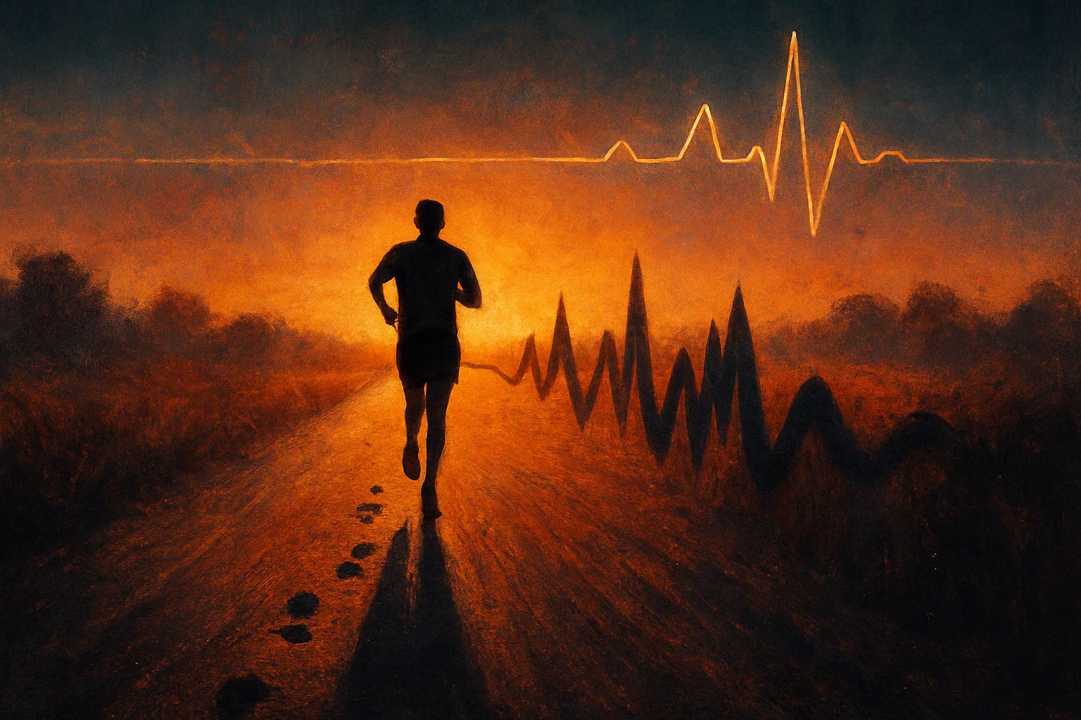 A runner's footsteps on a path turning into a pulsing waveform that rises and falls with each stride