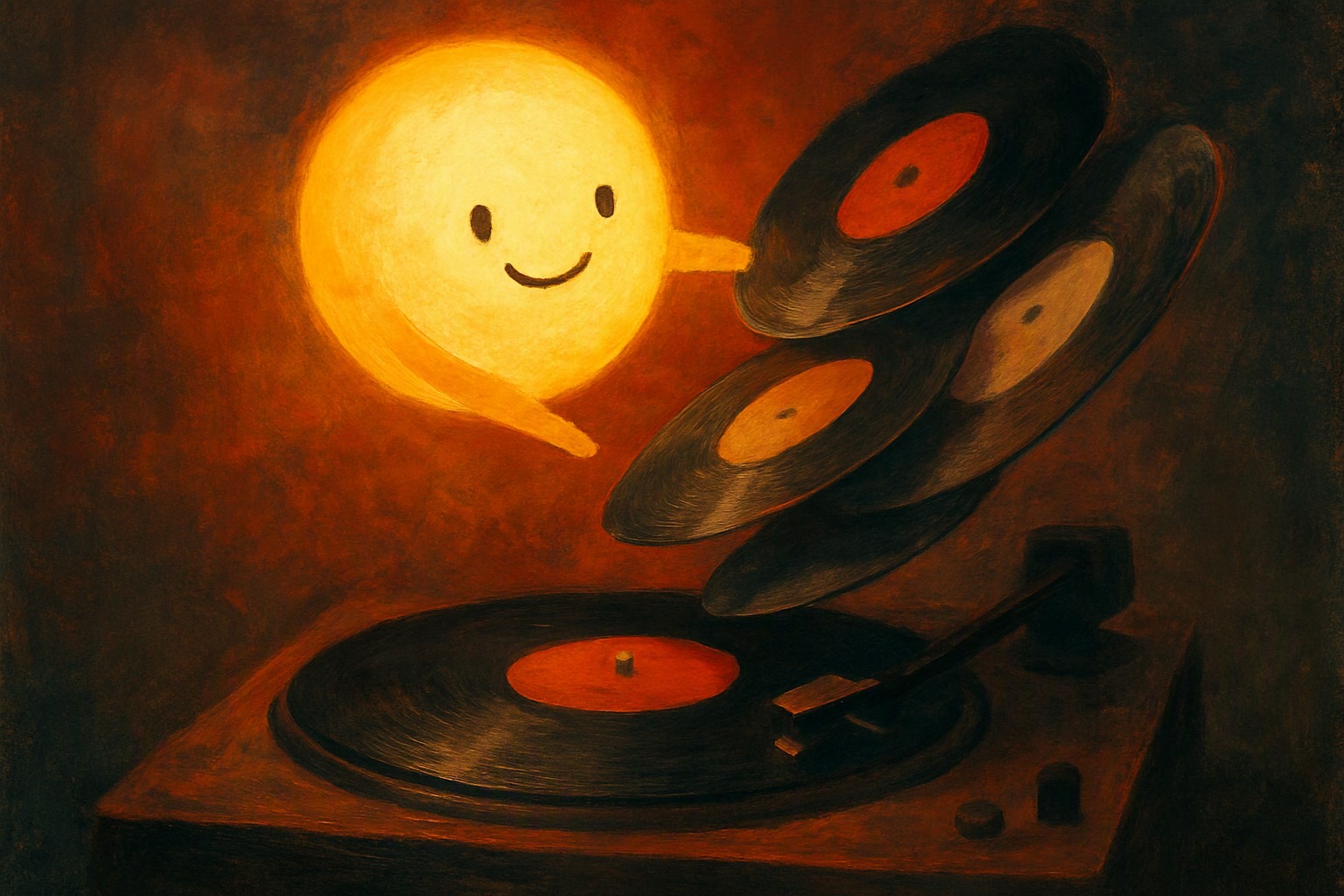 A friendly abstract orb hovering over a turntable, sorting a fan of vinyl records