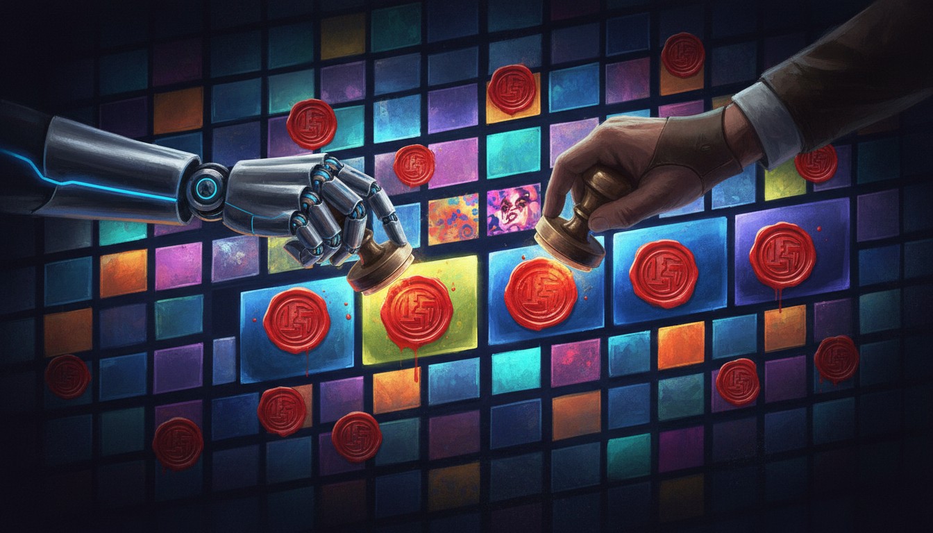 Rows of streaming tiles, some stamped with a glowing disclosure seal
