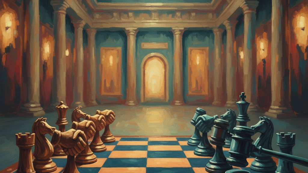 A chessboard where half the pieces are handshakes and half are gavels