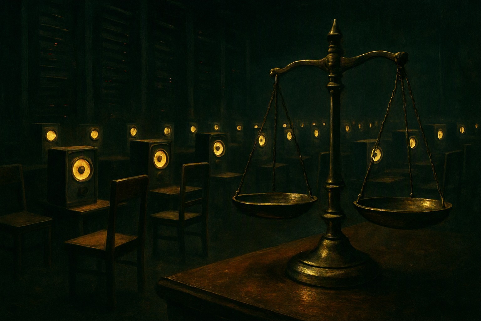 Rows of identical glowing speakers in a dark server room, each playing to an empty chair
