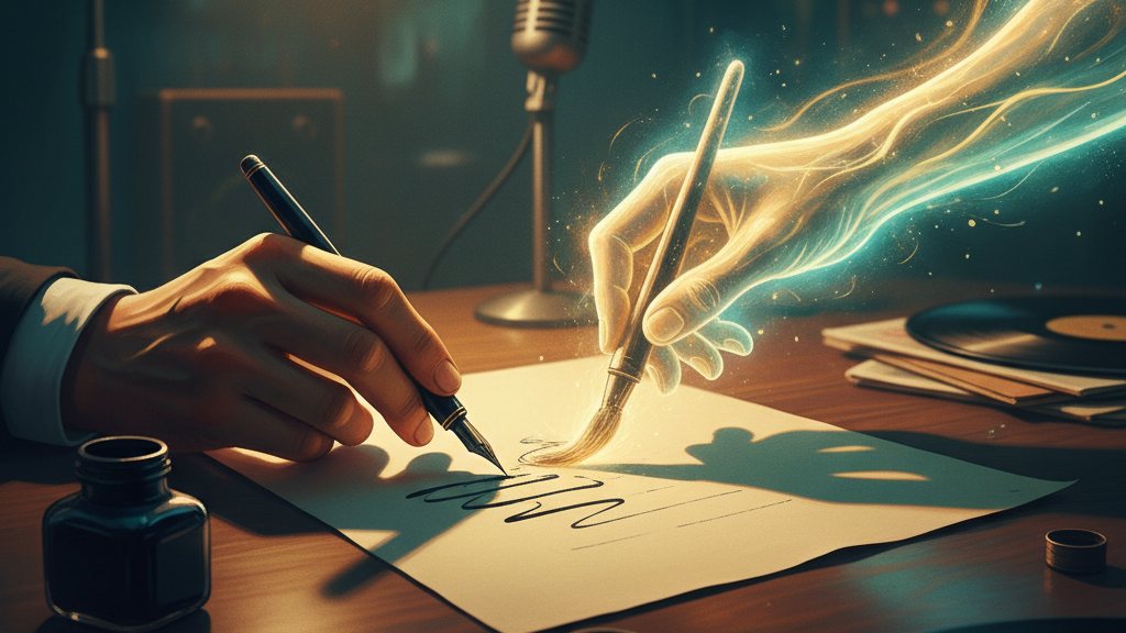 Two hands writing on the same sheet of paper, one human, one of light