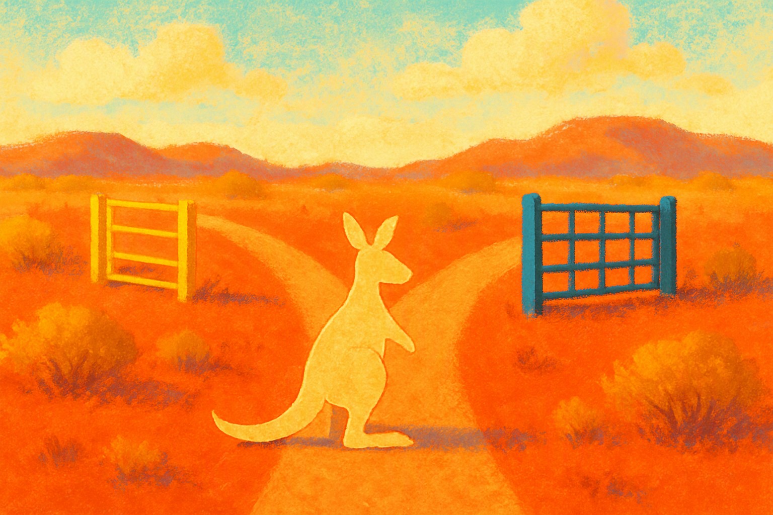 A kangaroo-shaped paper cutout standing at a fork in a red desert road, one path marked by an open gate and the other by a closed gate, under a warm evening sky