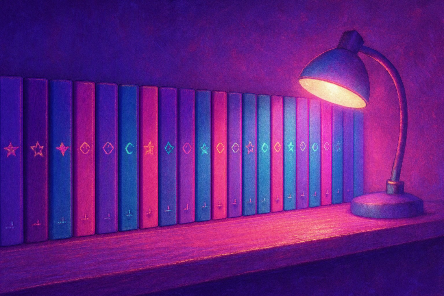 A long wooden shelf of identical-sized notebooks with colored spines, each marked with a different small stitched symbol, and a lamp at one end