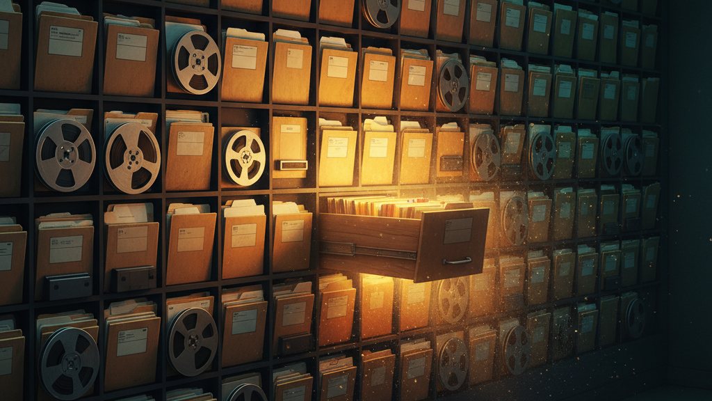 A wall of labeled song folders glowing like a city grid at night