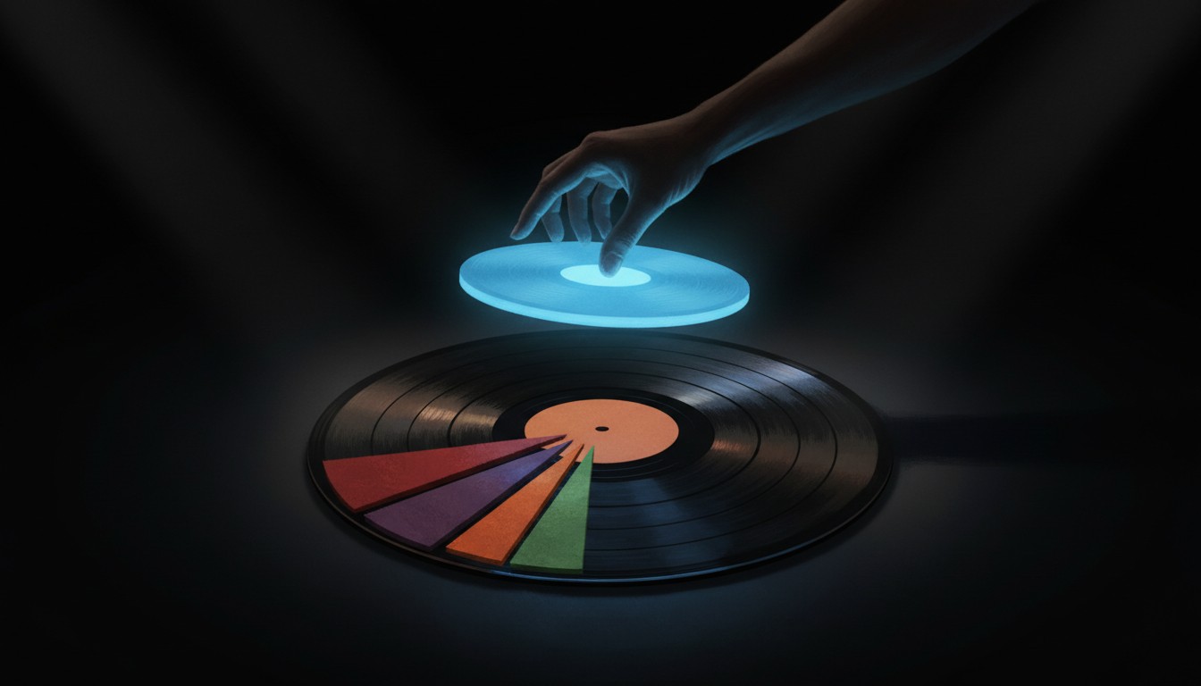 A pie chart made of a vinyl record, one slice lifted out