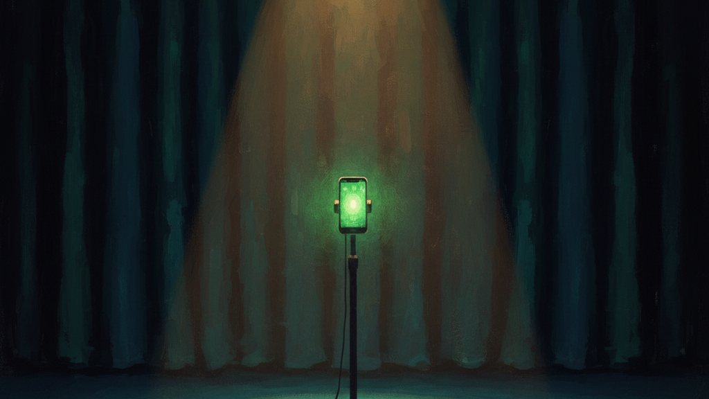 A phone playing music on a stage lit by green light