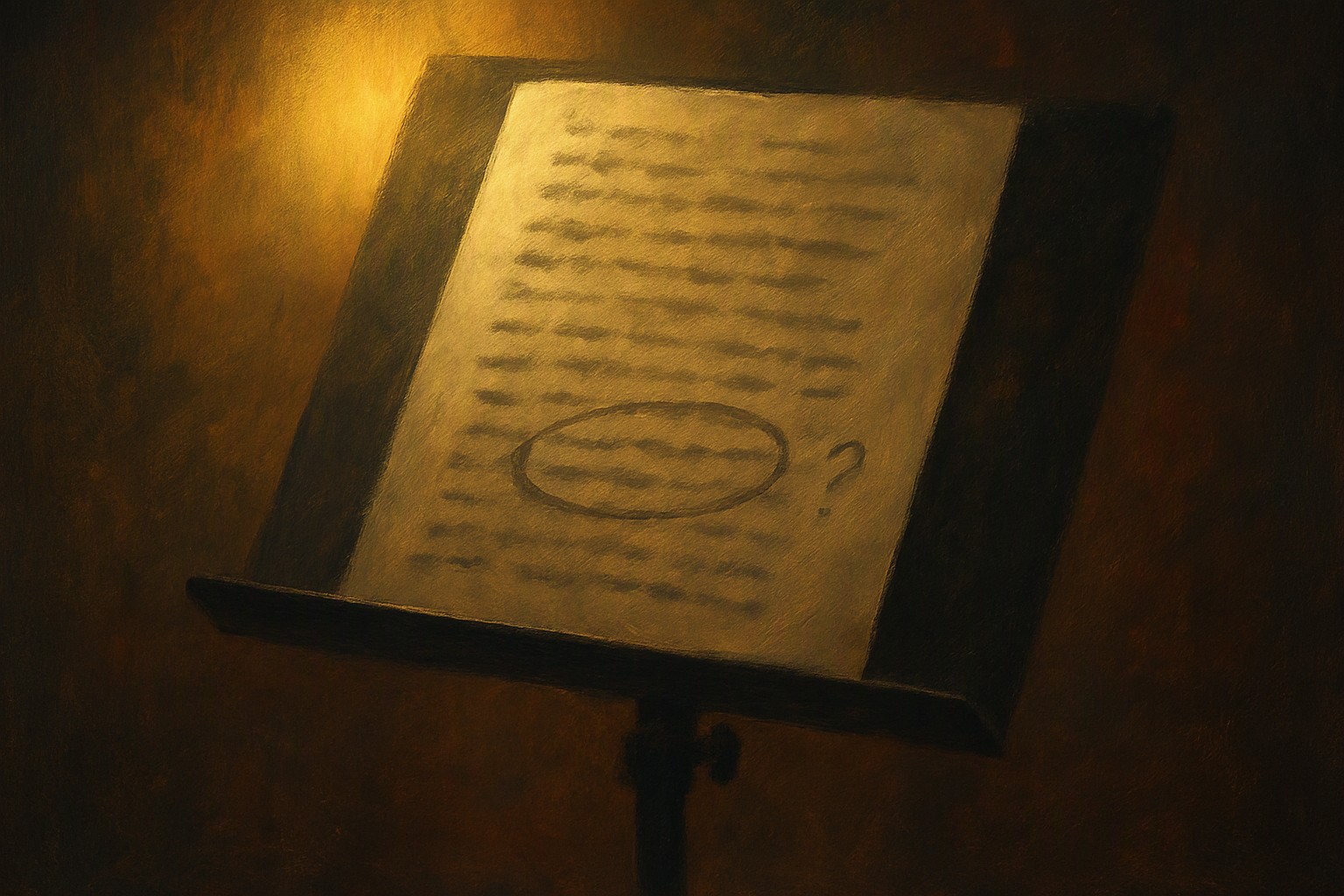 A lyric sheet on a music stand with one line circled in pencil and a question mark in the margin