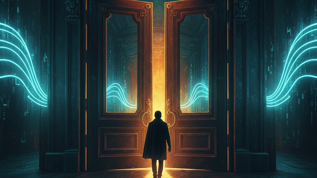A grand theater door closing on a corridor of neon waveforms, one human silhouette walking through
