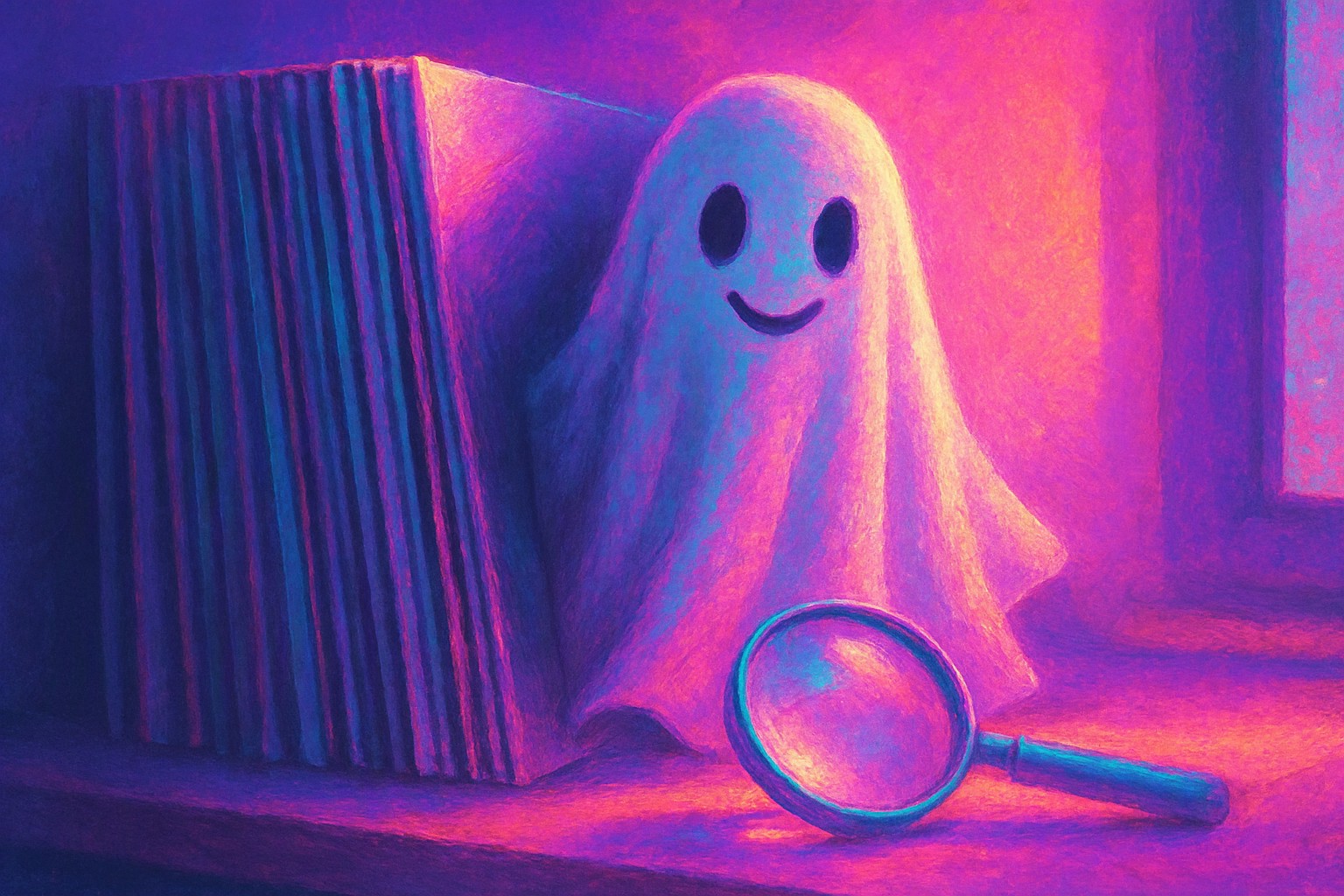 A friendly cloth ghost peeking out from behind a tower of vinyl records on a sunny shelf, with a magnifying glass resting in front of it