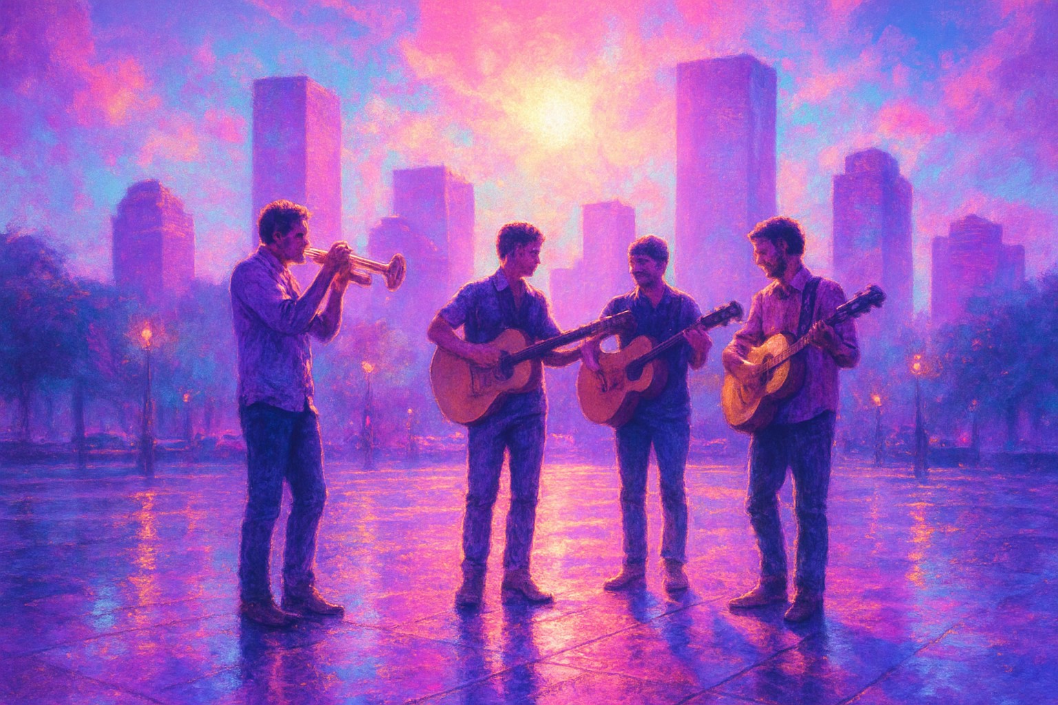A city plaza after the rain in bright afternoon light, where a small group of musicians with guitars and a trumpet stand together, a sunny skyline behind them