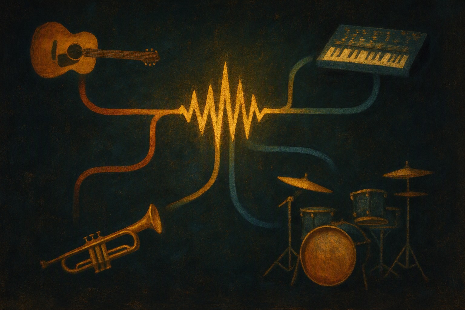 One vocal waveform branching into several colored paths, each ending at a different instrument