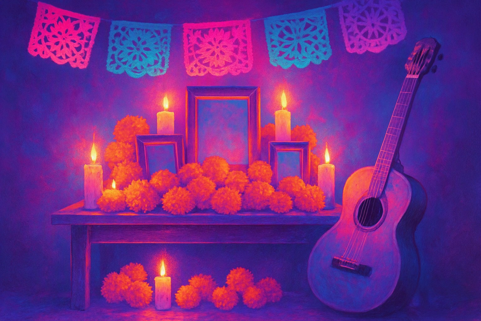 A sunlit table holding a small altar of orange marigolds, candles and empty picture frames, with an acoustic guitar leaning beside it and colorful paper-cut banners with flower patterns hanging above
