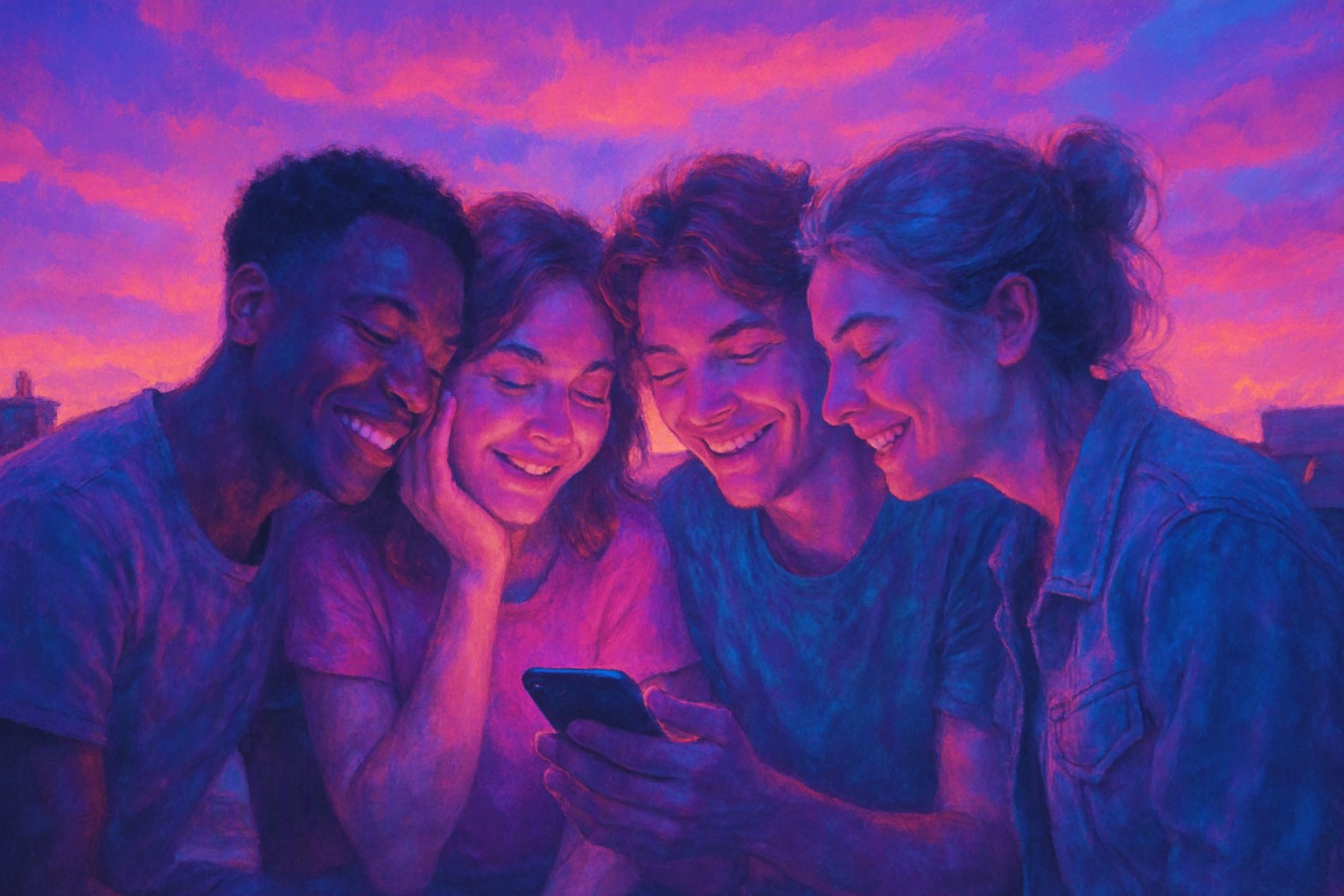 A small group of friends on a rooftop at sunset pass a phone between them, each leaning in to listen with a smile