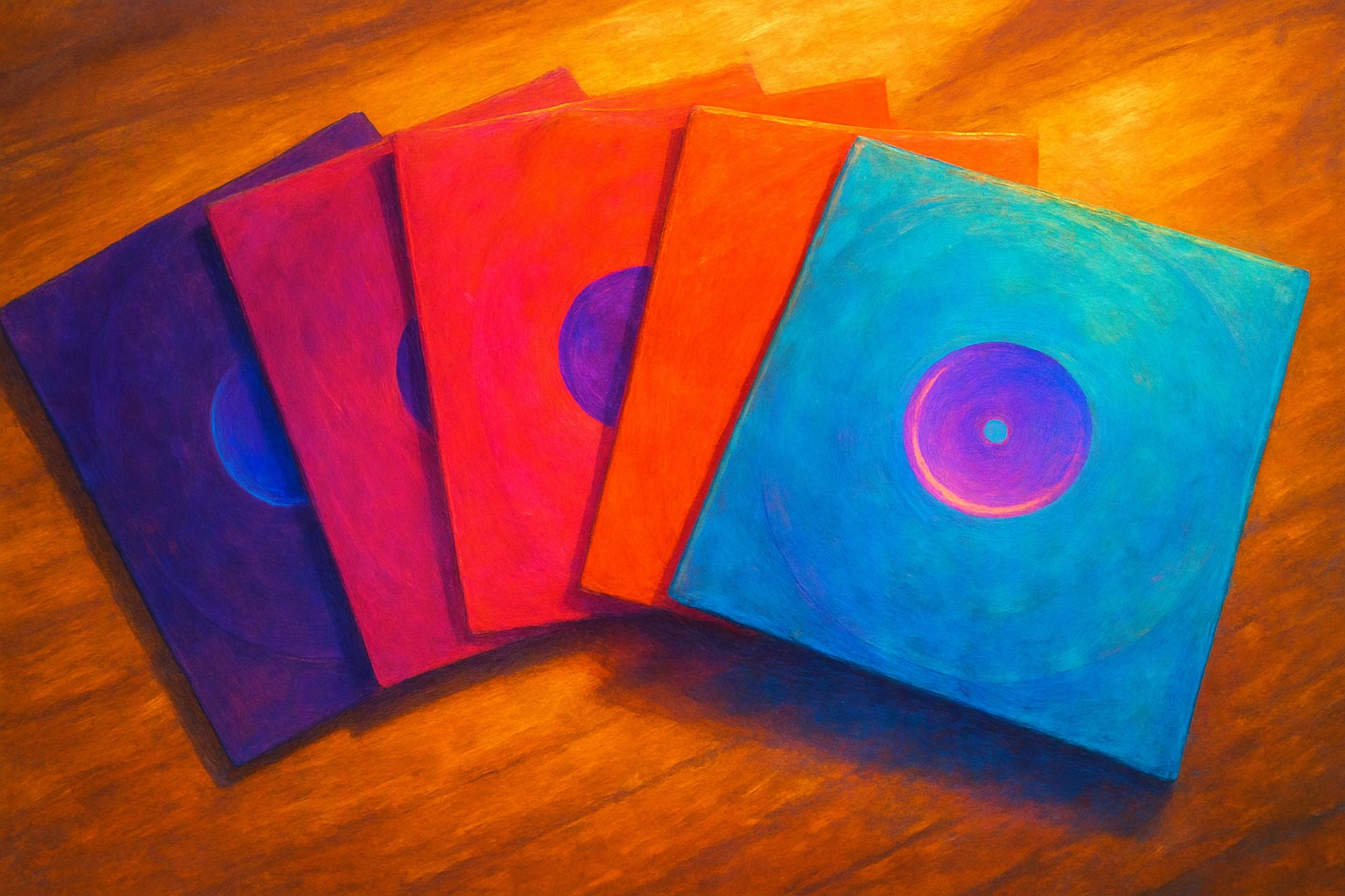 Five vinyl sleeves fanned out on a sunlit wooden table like a hand of cards, each in a different bright shade of the same warm color