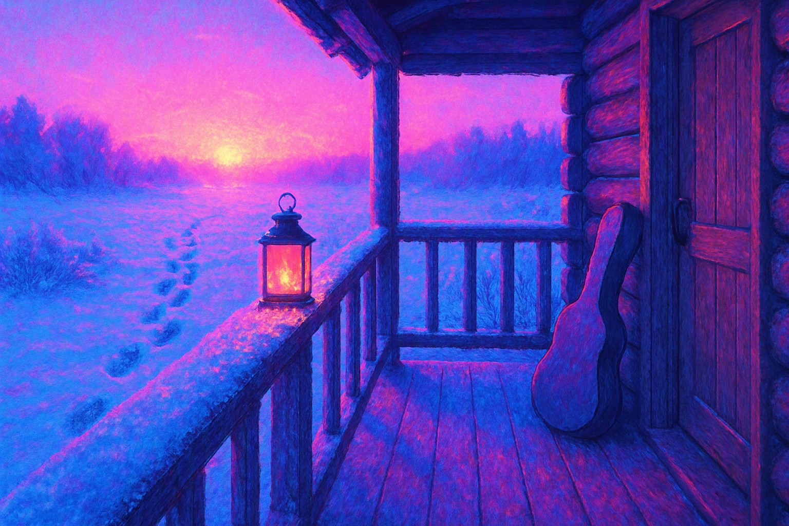 A wooden cabin porch at sunrise with frost on the railing, a glowing lantern and a guitar case by the door, and a trail of footprints leading across a snowy field toward a pale pink sky