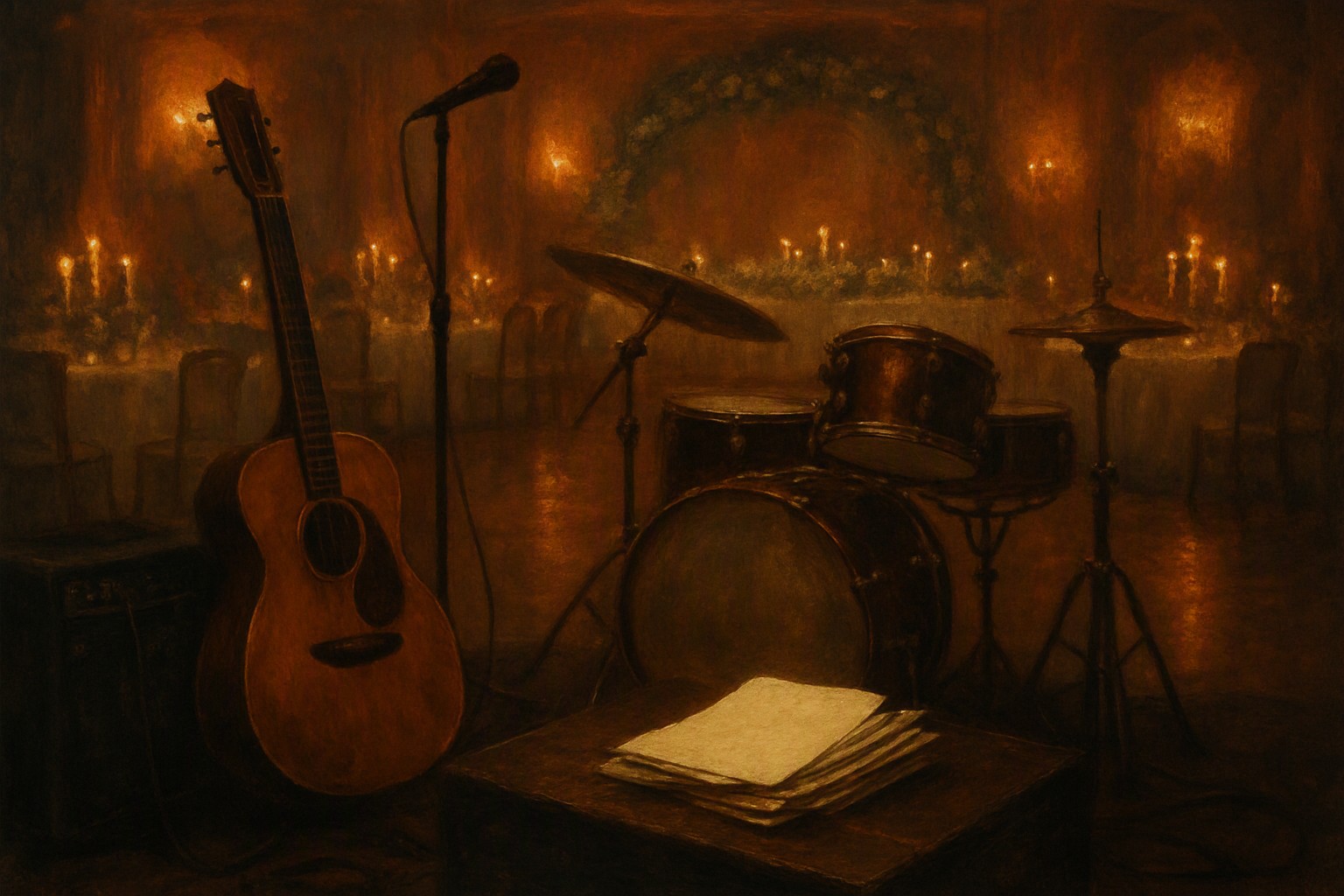 A wedding band's gear set up in a reception hall with a fresh page added to the setlist