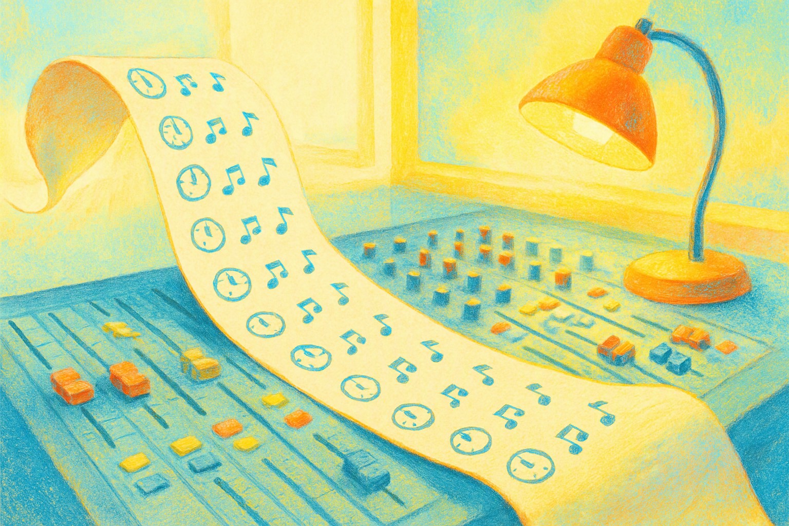 A long paper scroll unrolling across a mixing desk, each line stamped with a tiny clock and a musical note, lit by a warm lamp