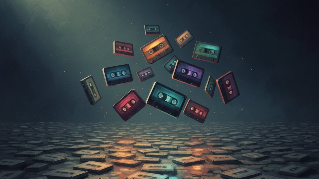 An ocean of identical grey cassettes with a few glowing colorful ones floating above