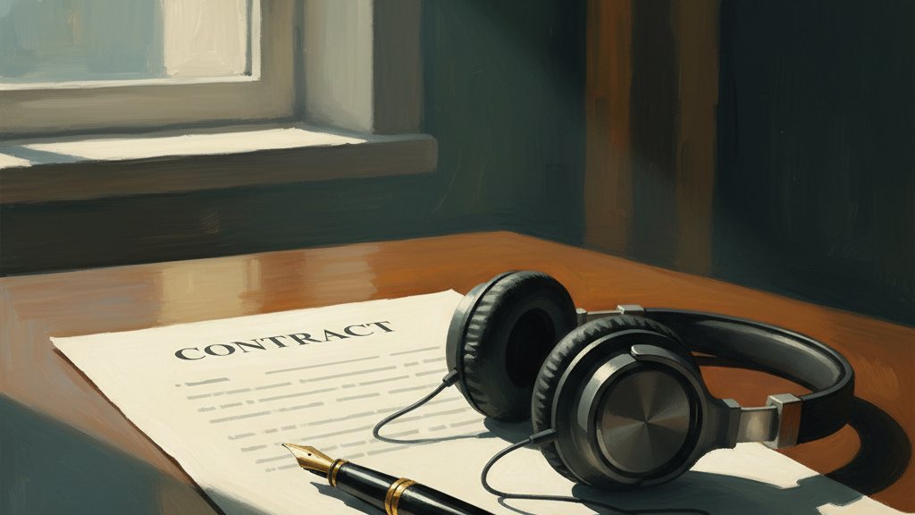 A fountain pen resting on a clean one-page contract beside headphones