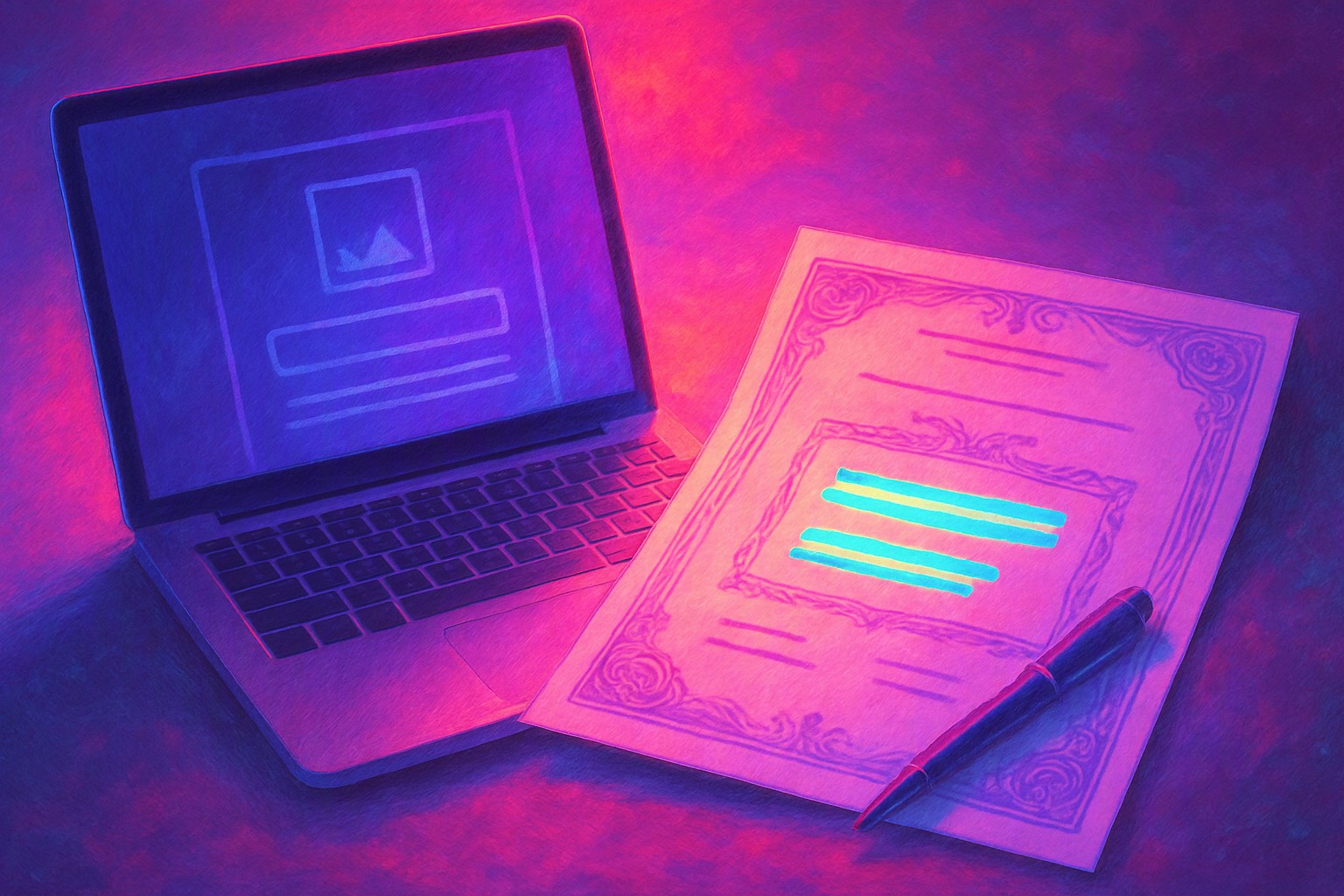 A laptop showing an empty upload form beside a printed certificate with highlighted names, a pen resting on the page