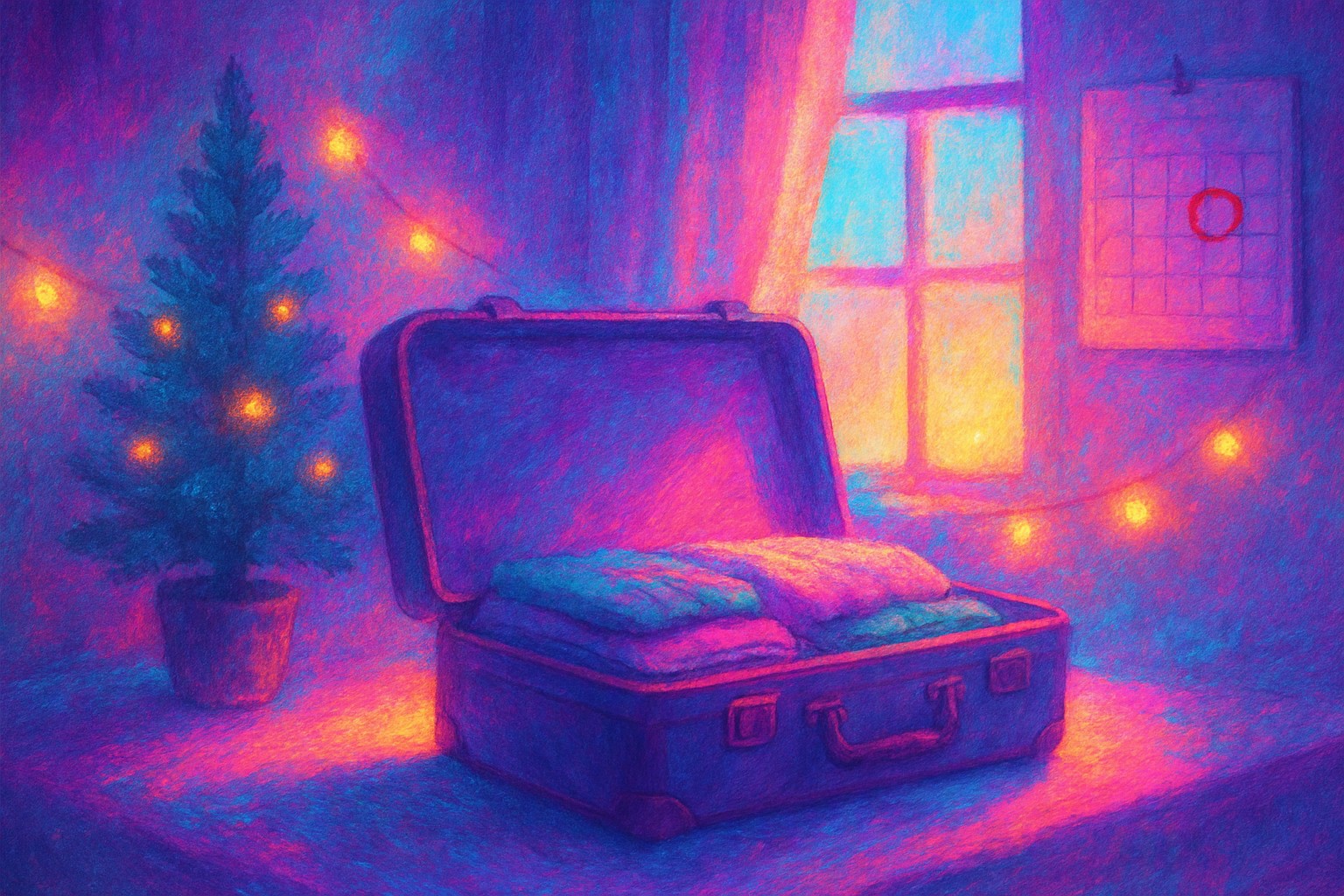 A packed suitcase beside a sunlit window, with a small tabletop pine tree, a string of warm lights and a wall planner with one square circled in red ribbon