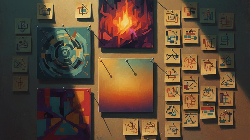 A wall calendar and album artwork mockups pinned above a desk in evening light