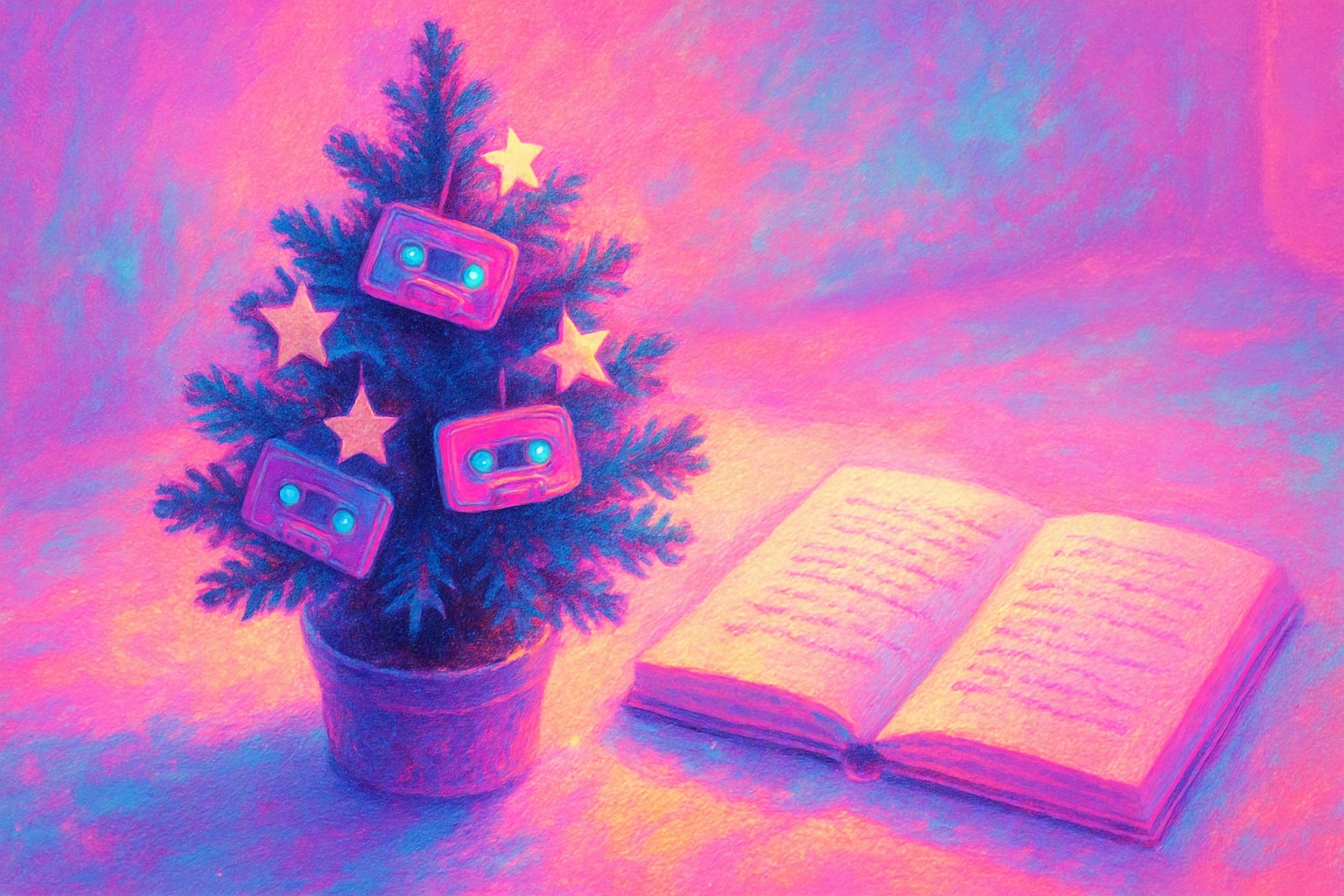A small tabletop pine tree decorated with tiny cassette tapes and paper stars beside a notebook of lyrics, on a bright, sunlit table