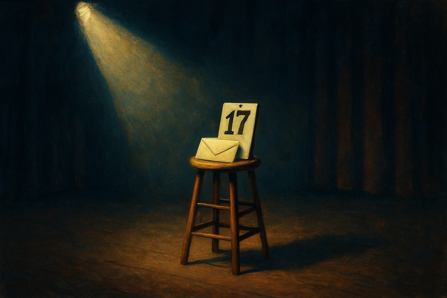 A spotlit competition stage with a single numbered entrant badge resting on a stool