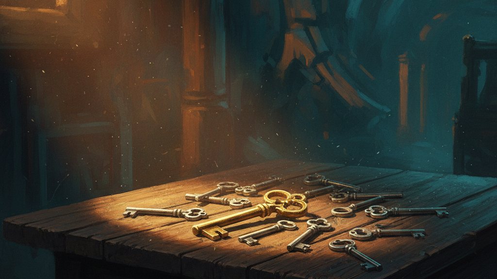 One golden key among many silver keys on a dark table