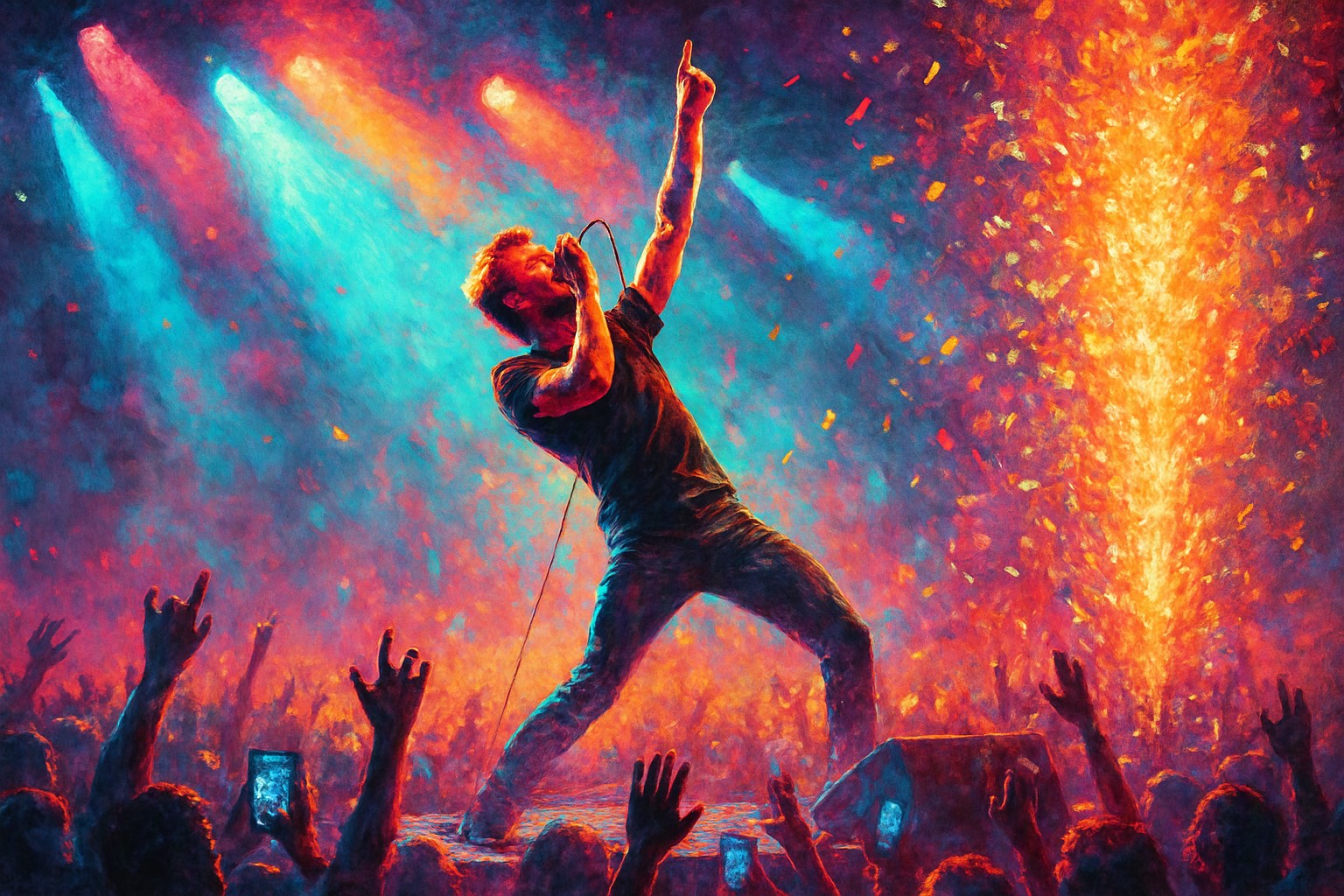 A singer mid-performance on a big stage, arm raised, under blazing stage lights, sparks and confetti, with a crowd's hands in the air