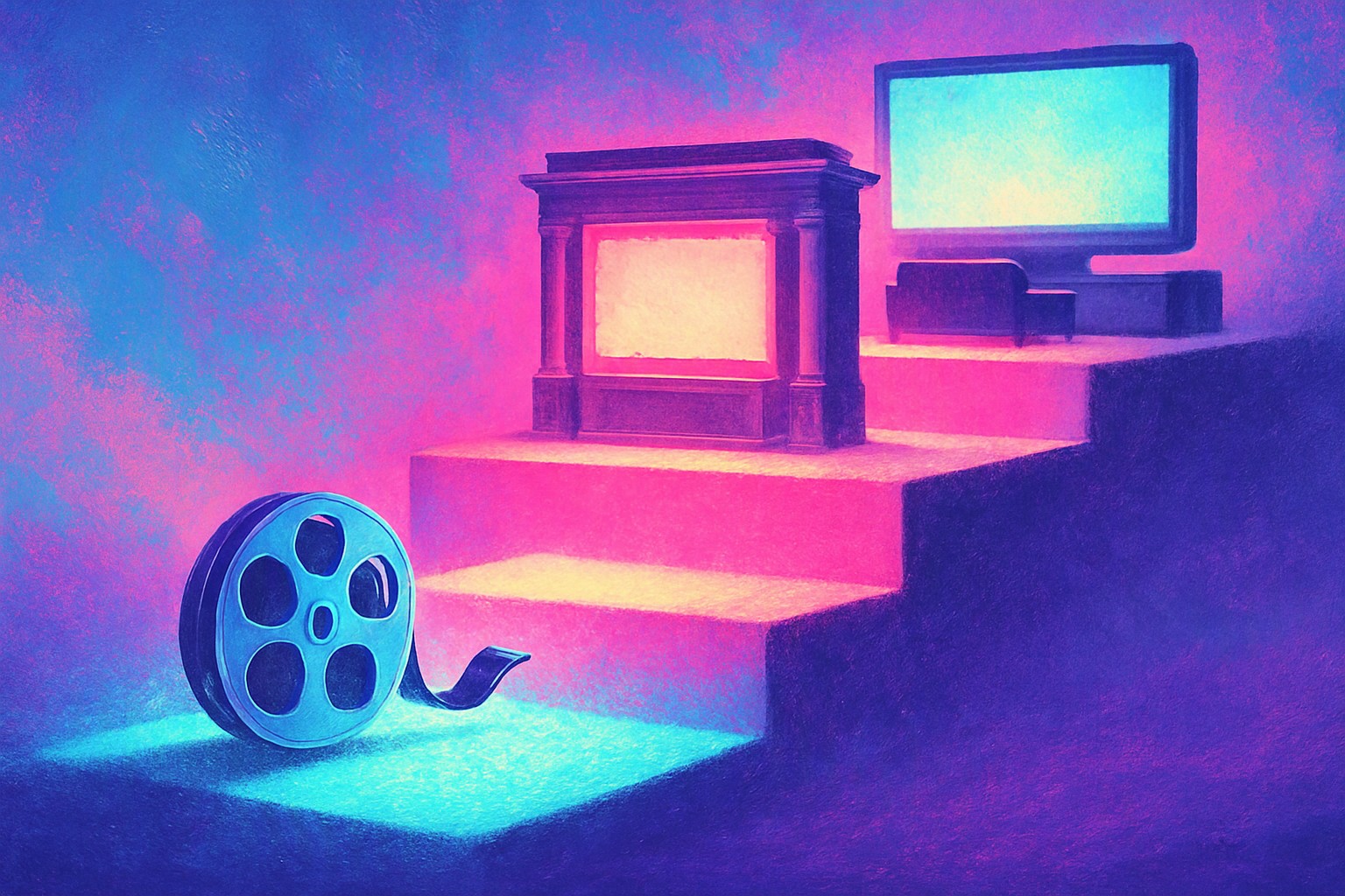 Three glowing steps rising from a small neighborhood cinema to a grand theater to a living room screen, with a single film reel climbing them in bright daylight