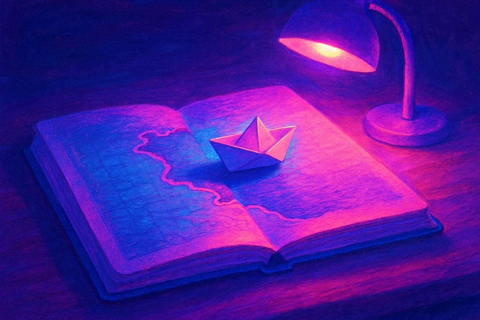 An open notebook with a hand-drawn map of a coastline and a small paper boat on it, lit by a lamp on a quiet desk