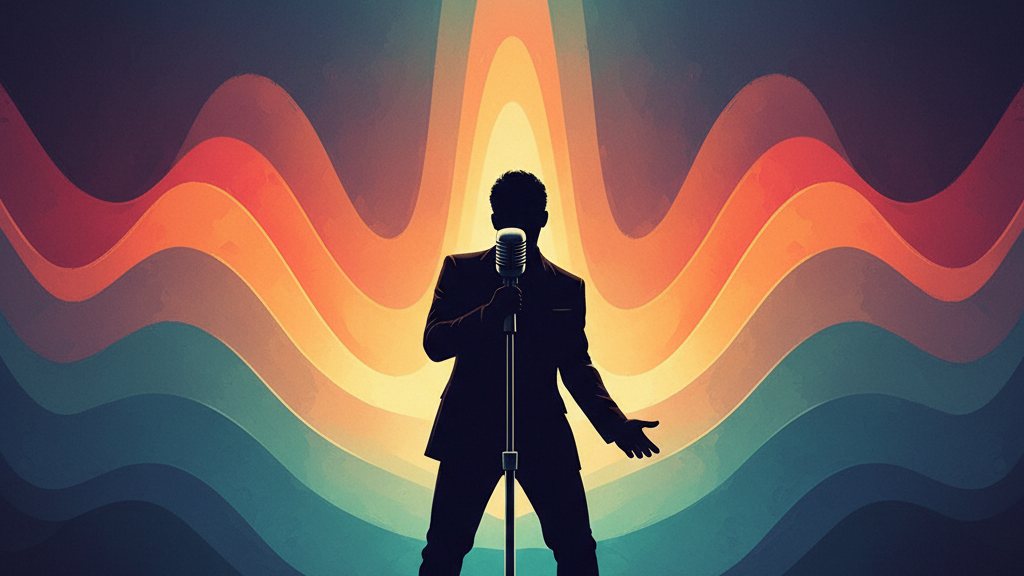 A vocalist silhouetted at a microphone with soft rising light behind them