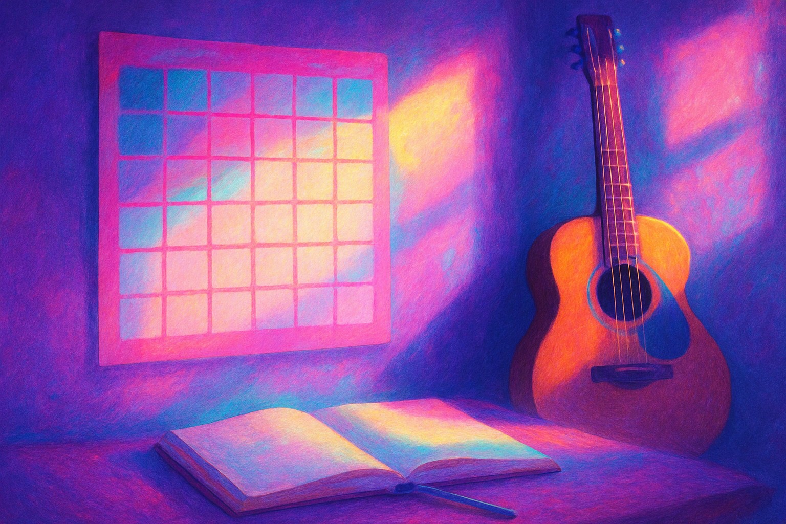A bright wall planner with a grid of thirty small squares, the first few colored in with pencil, beside an acoustic guitar and an open notebook in morning light