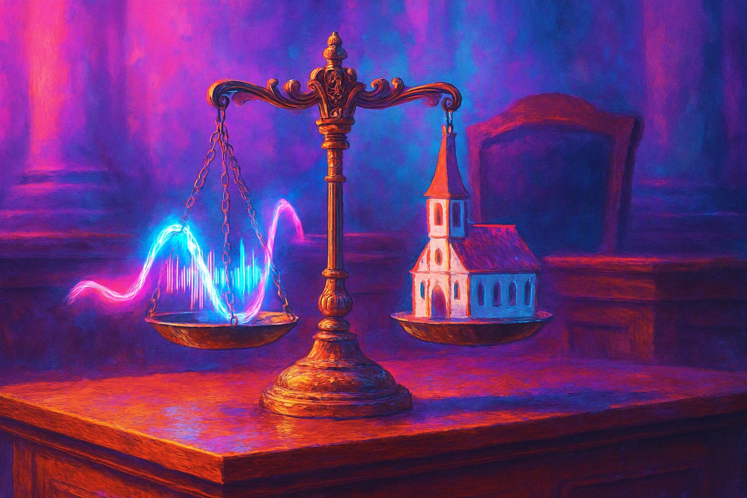 A stately courtroom bench in warm wood with an old brass scale on it, a ribbon of audio waveform draped over one pan, and a small paper model of a Bavarian church beside it