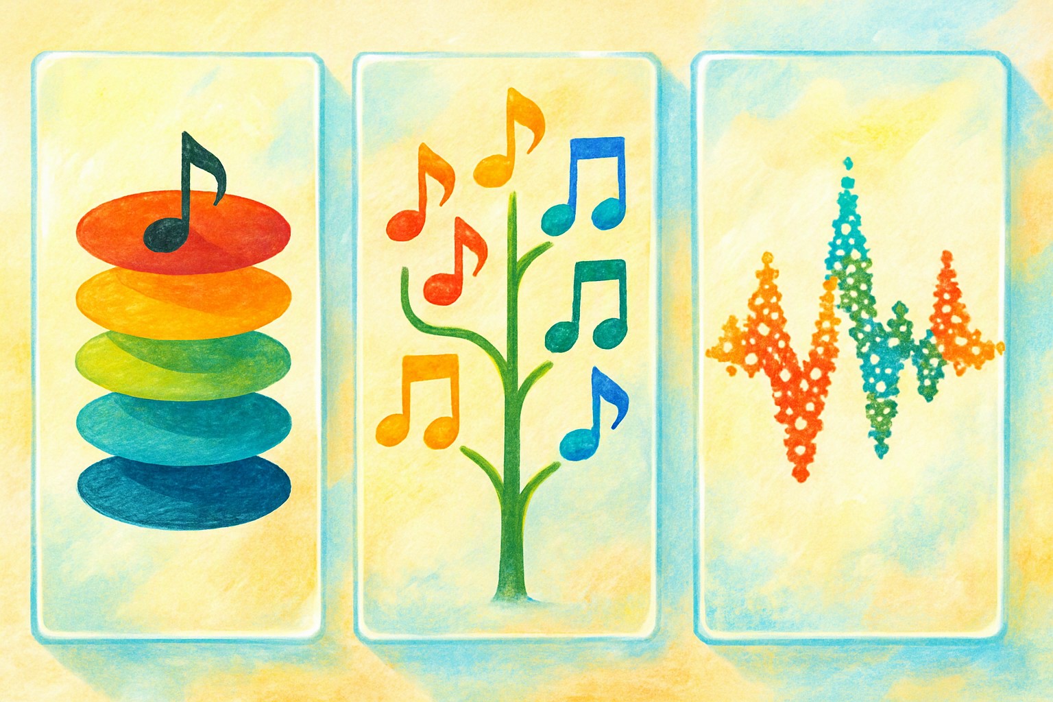 Three translucent glass panels side by side, one holding stacked colored music loops, one a branching tree of notes, one a waveform made of tiny gears