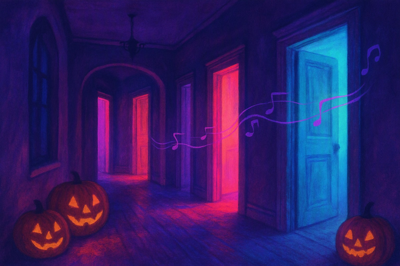 A softly lit illustrated haunted-house hallway at dusk with carved pumpkins, a row of doorways that each glow a different color, and thin ribbons of music drifting from one room into the next