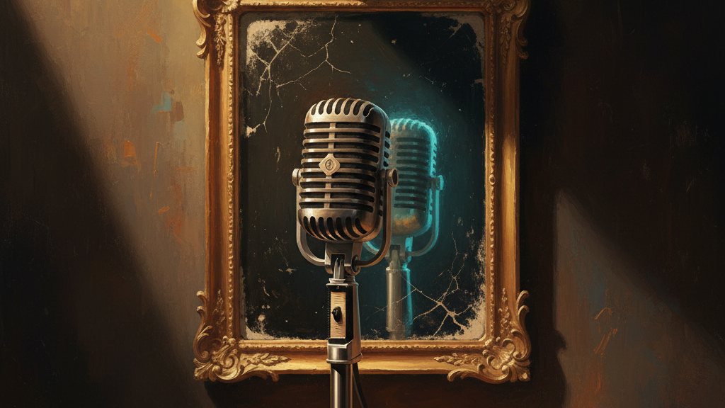 A microphone reflected in a mirror, the reflection glowing a different color