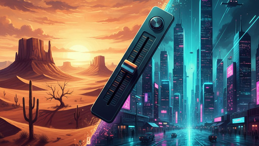 A DJ-style crossfader morphing a landscape from desert to neon city
