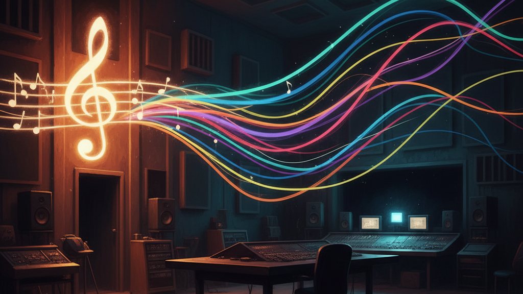 One glowing musical staff splitting into ten colored streams across a dark studio