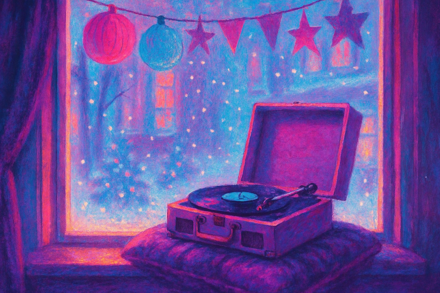 A cozy winter shop window in bright daylight with a record player on a velvet cushion, snow sparkling outside and colorful decorations overhead