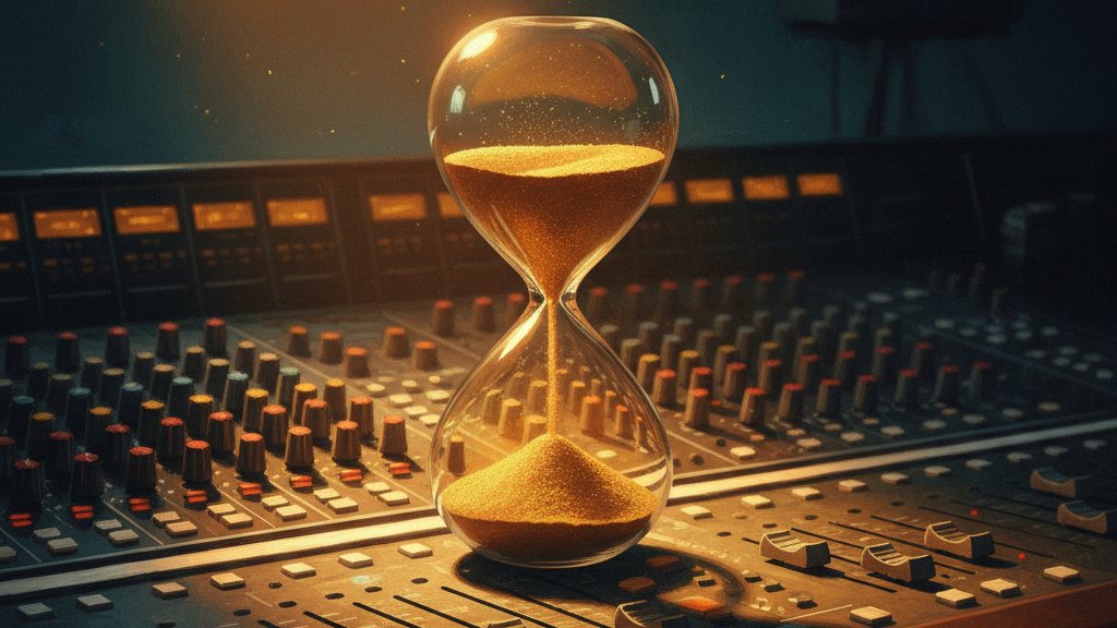 An hourglass on a mixing desk, sand glowing gold