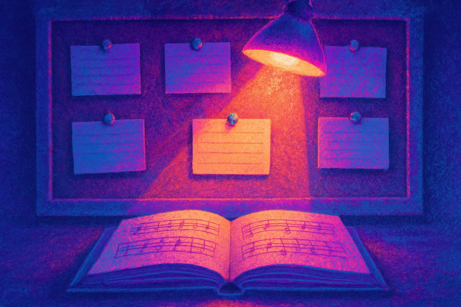 A hand-lettered storyboard of six index cards pinned to a corkboard, with a single card highlighted by a warm lamp beam and a songbook open below