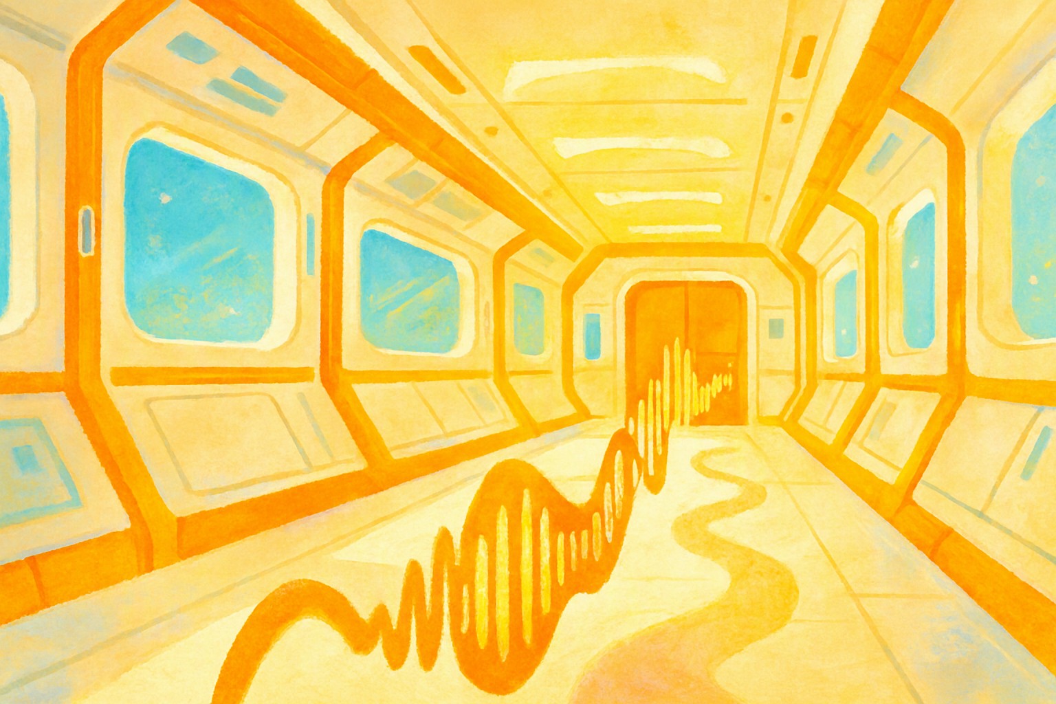 A brightly lit spaceship corridor in clean white and orange tones, with a glowing ribbon of sound waves growing thicker as it winds toward a door at the far end