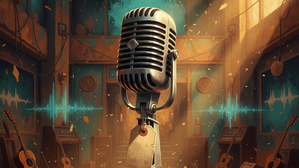 A price tag hanging from a vintage microphone