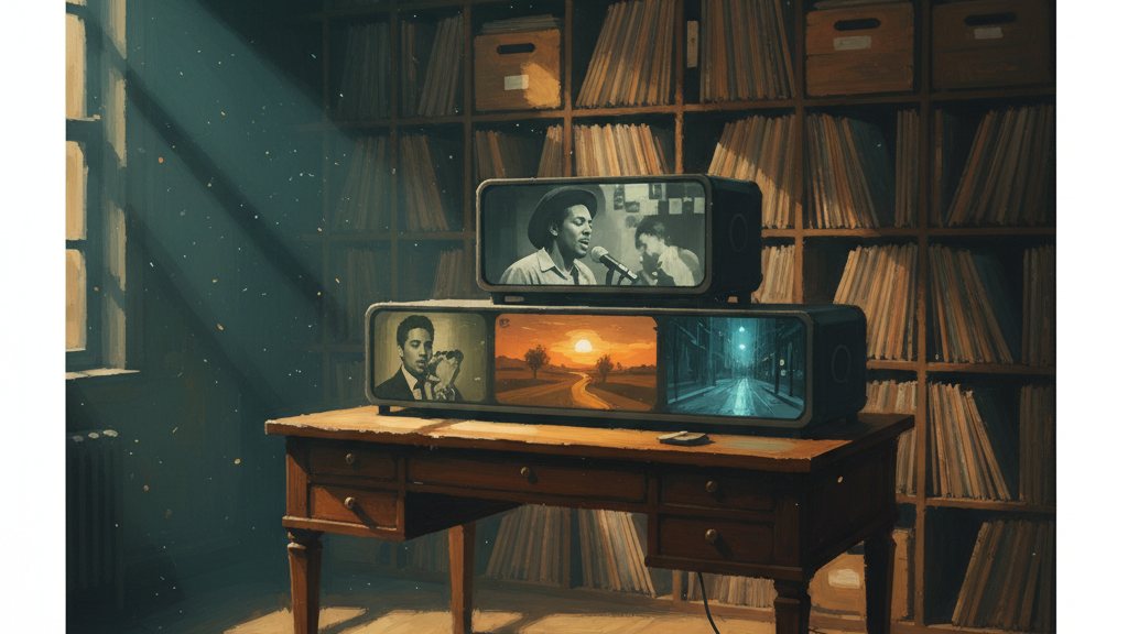 A desk with three screens of scene stills and a wall of labeled music crates behind