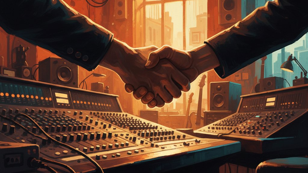 A handshake over a mixing console, warm studio light
